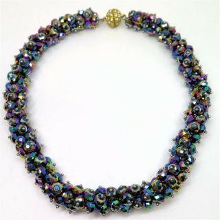 Vintage Black Aurora Borealis Carnival Glass Bead Cluster Necklace