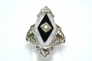 Vintage Camphor Glass Black Onyx Crystal Sterling Silver Filigree Ring Sz 7
