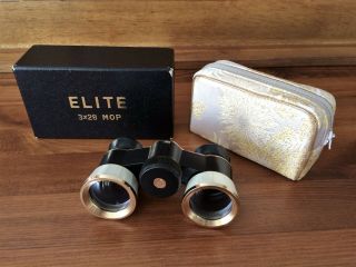 Vintage Elite Jumelle Opera Glasses Or Binoculars 3 X 28 Mo Pearl Gold & Case