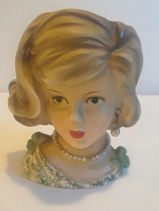 Vintage Elegant Lady Head Vase 5.  5 " Pearl Necklace Earings Green And White