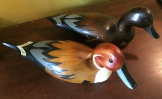2 Vintage Hand Carved Solid Wood Hand Painted Mallard Duck Decoy