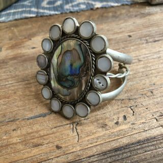 Vintage Mexico Alpaca Silver,  Abalone & Mother Of Pearl Cuff Bracelet 2