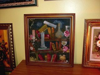 Vintage 3d Raised Fabric Relief Tapestry Art: Alchemy Lab Books Roses Still Life