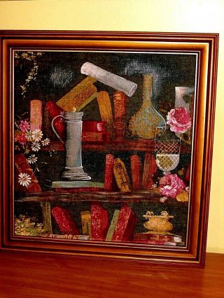 Vintage 3D Raised Fabric Relief Tapestry Art: Alchemy Lab Books Roses Still Life 2