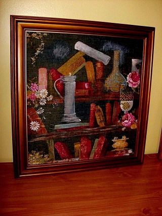Vintage 3D Raised Fabric Relief Tapestry Art: Alchemy Lab Books Roses Still Life 3