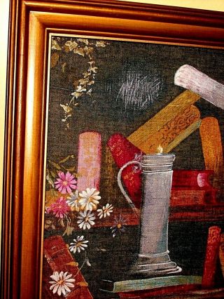 Vintage 3D Raised Fabric Relief Tapestry Art: Alchemy Lab Books Roses Still Life 5