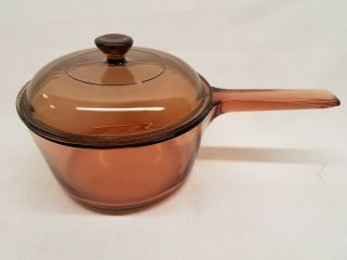 Vintage Corning Pyrex Vision Ware 1.  5 L Amber Glass Pot Sauce Pan With Lid U.  S.  A
