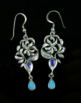 Vintage.  925 Sterling Silver Floral Leaf Blue Enamel Dangle Hook Earrings 6.  5g