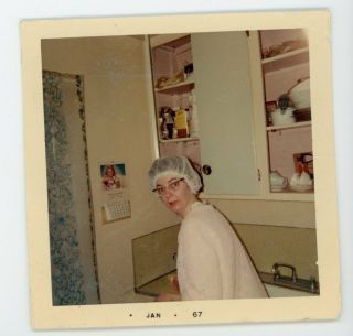 Startled Woman In Shower Cap & Cateye Glasses - Vintage Snapshot Photo Color
