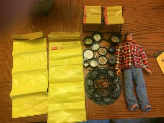 Vintage Big Jim Doll In Flannel Shirt With Camping Accessories