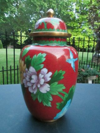 Vintage Asian Red Enamel & Brass Cloisonne Ginger Jar Chrysanthemum & Blue Bird