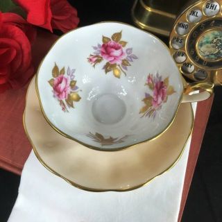 Vintage Royal Albert Fancy Peach Cup And Saucer Cabbage Roses Gold Gilt Leaves