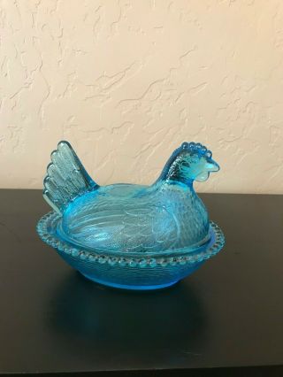Vintage Indiana Glass Blue Horizon Hen On Nest