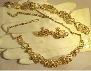 Vintage Coro Parure Set Necklace Earrings Bracelet Clear Citrine Tone Crystal