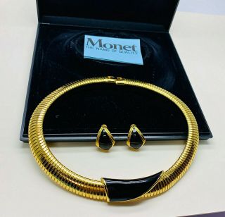 Vintage Jewellery Signed Monet Black Enamel Necklace/earrings Set (boxed)