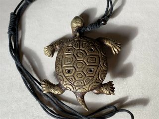 Vintage Handmade Brass Turtle Ocarina Necklace Pendant Signed " Aj " From Nepal