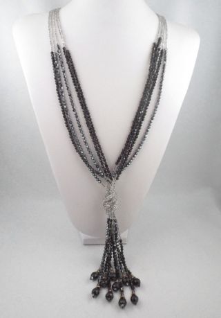 1970s Long Vintage Multi Strands Clear & Black Crystals Necklace