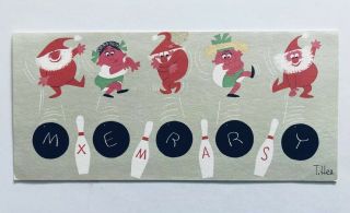 Vintage Mid Century Christmas Card T.  Hee Bowling Ball Santa Girl Mcm Pin Art