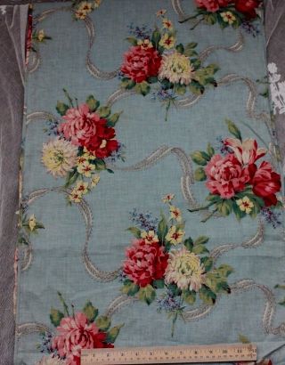 Lovely Vintage Rose Bouquets & Ribbon Cotton Fabric On Sky Blue Ground C1940
