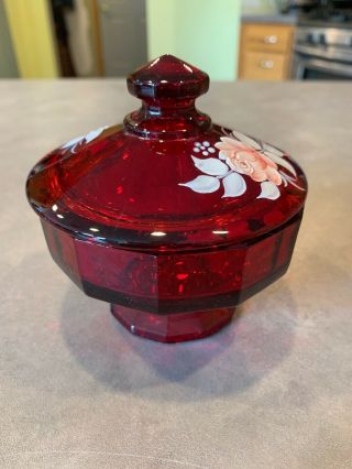 Vtg Westmoreland Ruby Red Lidded Candy Dish Pedestal Painted D Green 1980