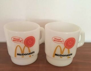 Set Of 2 Vintage White Stackable Mcdonalds Coffee Mug Good Morning Fire King