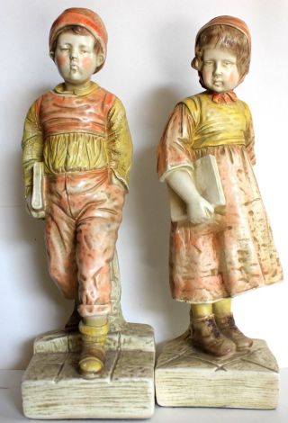 Vintage Roman Art Co.  Chalkware Boy Girl Statue Sculpture Bookends 15 - 1/2 Intall