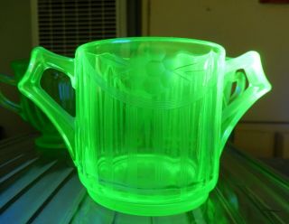 Vintage Green Vaseline Uranium Glass Sugar Bowl Etched Swag Garland