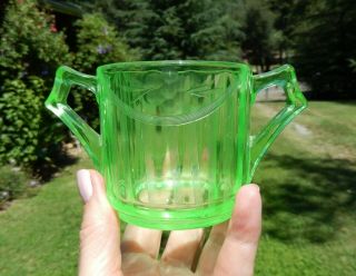 Vintage Green Vaseline Uranium Glass Sugar Bowl Etched Swag Garland 2