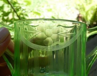 Vintage Green Vaseline Uranium Glass Sugar Bowl Etched Swag Garland 3