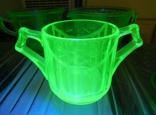 Vintage Green Vaseline Uranium Glass Sugar Bowl Etched Swag Garland 4