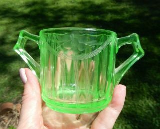 Vintage Green Vaseline Uranium Glass Sugar Bowl Etched Swag Garland 5