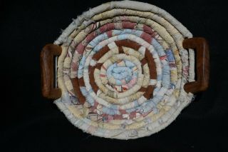 Vintage Woven Braided Rag Rug Basket Handmade W Hand Carved Wood Handles