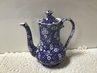 Vtg Crownford Staffordshire England Footed Calico Coffee Pot Floral Blue Chintz