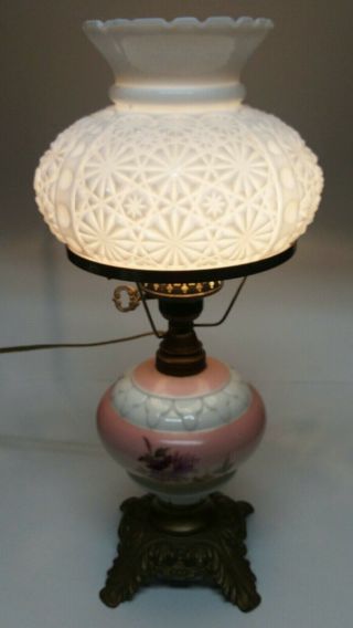 Vintage Parlor Table Lamp Gone With The Wind Floral Milk Glass Shade