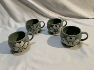 Vintage 1950s Purinton Pottery Cups Mugs Set Of 4 White Dogwood On Green