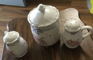Vintage 3 Pc Pottery Set.  Large Sugar Bowl,  Salt & Pepper Shakers