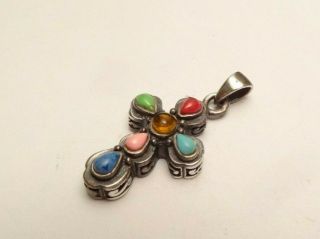 Vintage Multi Color Gemstones Cross Religious Pendant Sterling Silver 925