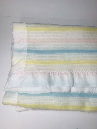 Vintage Acrylic Baby Blanket Woven Satin Edge Pastel Stripes Thermal Weave 3