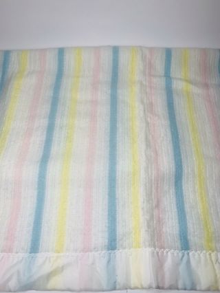 Vintage Acrylic Baby Blanket Woven Satin Edge Pastel Stripes Thermal Weave 6