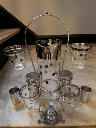 Vintage Mad Men Silver Polka Dot Cocktail Pitcher With 4 Glasses & Stand