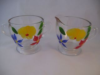 Vintage Bartlett Collins Clear Glass Creamer & Sugar Set Hand Painted Floral