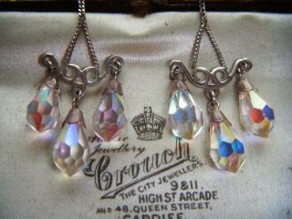 Vintage Sterling Silver Aurora Borealis Crystal Drop Chandelier Earrings