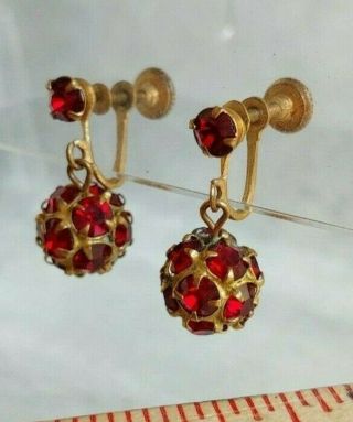 Vintage Ruby Red Rhinestone Gold Tone Brass Drop Dangle Screw Back Ball Earrings