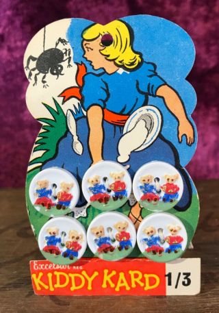 Vintage Teddy Bear Buttons Kiddy Kard On Little Miss Muffet Button Card