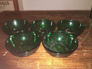 Vintage Anchor Hocking Forest Green Sandwich Glass Berry/dessert Bowls - Set Of 5