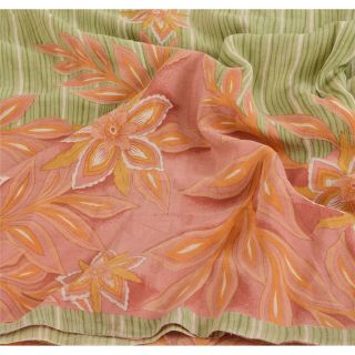 Sanskriti Vintage Pink Saree 100 Pure Crepe Silk Printed Sari Craft Fabric 5