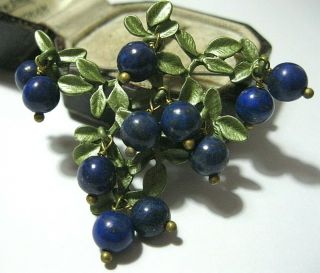 Gorgeous Vintage Style Real Lapis Lazuli Stone Bead Blueberries Enamel Brooch