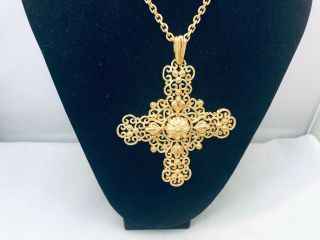 Vtg.  Crown Trifari Textured Gold Tone L’orient Cross Modernist Necklace 26”