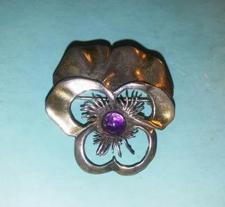 Vintage Signed 925 Sterling Silver Flower Brooch Pin With Amethyst Stone ( (b9))