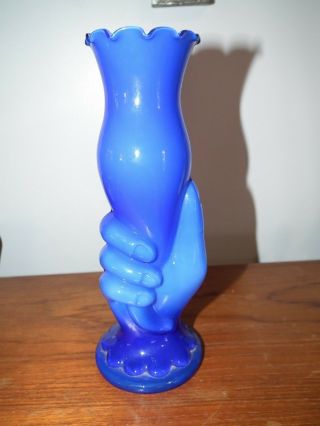 Vintage Cobalt Blue Cased Glass Hand Holding Vase